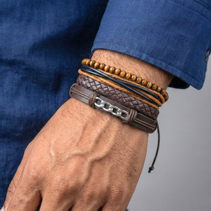 WILDWOOD CHAINSTACK - 4 Pcs Genuine Leather Adjustable Bracelet Set for Men & Boys (8 inch) - THE MEN THING