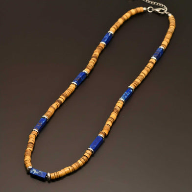 WILDWOOD TRIBAL - Blue 6 mm Beaded Necklace for Men and Boys (21 inches with adjustable silver cable chain)