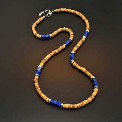 WILDWOOD TRIBAL - Blue 6 mm Beaded Necklace for Men and Boys (21 inches with adjustable silver cable chain)