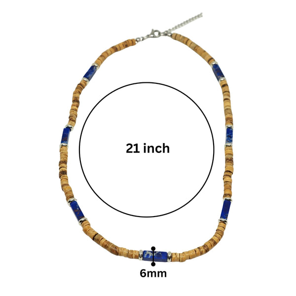 WILDWOOD TRIBAL - Blue 6 mm Beaded Necklace for Men and Boys (21 inches with adjustable silver cable chain)