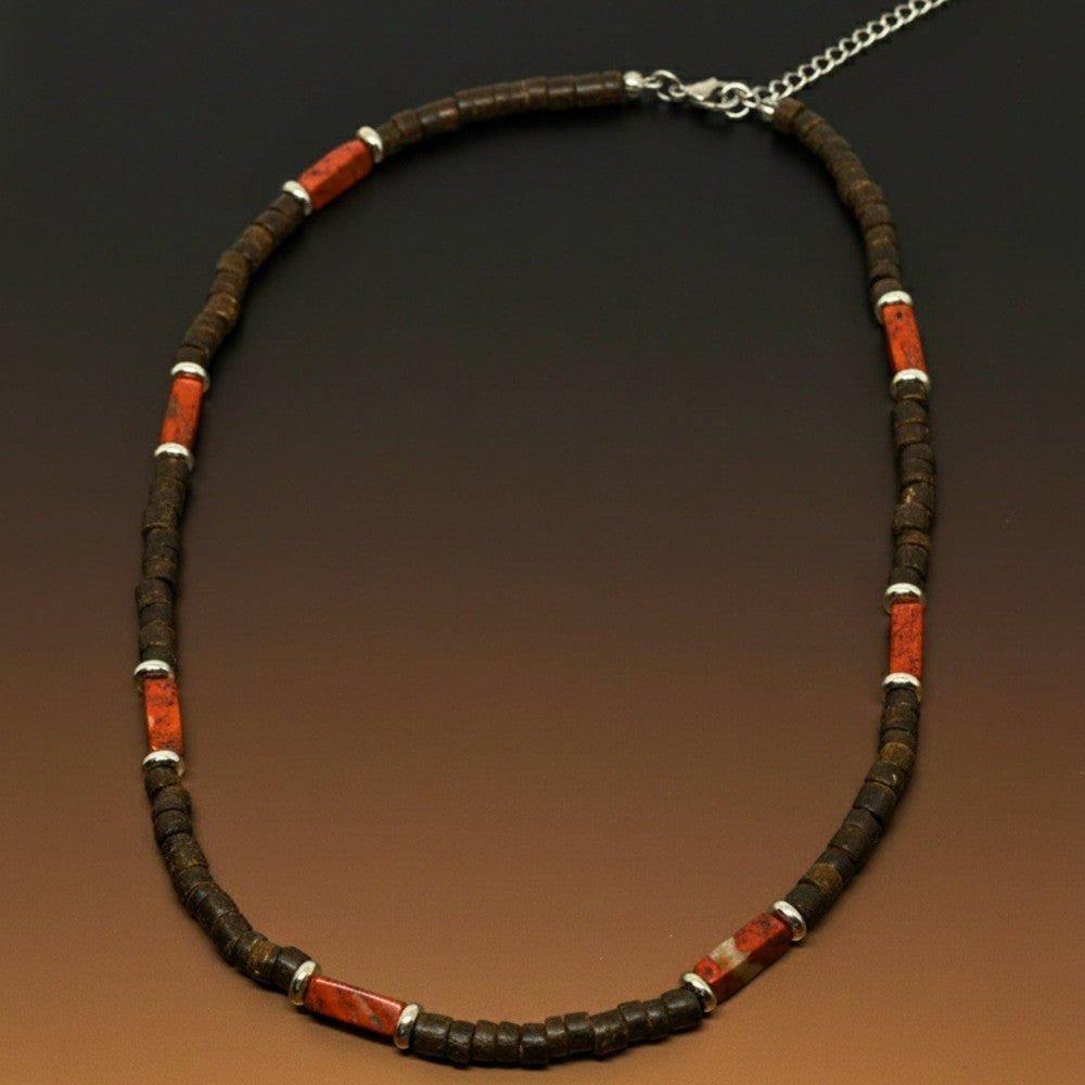 WILDWOOD TRIBAL - Brick Red Jasper 6 mm Beaded Necklace for Men and Boys (20 inches with adjustable silver cable chain) - THE MEN THING