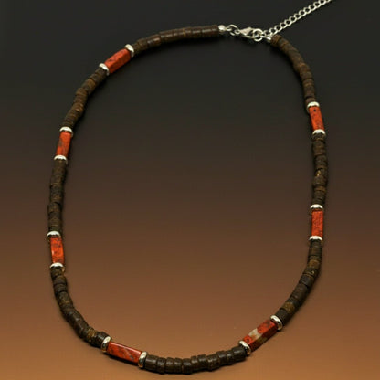 WILDWOOD TRIBAL - Brick Red Jasper 6 mm Beaded Necklace for Men and Boys (20 inches with adjustable silver cable chain) - THE MEN THING