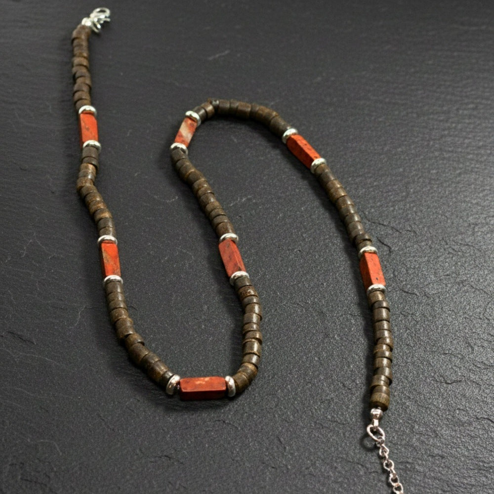 WILDWOOD TRIBAL - Brick Red Jasper 6 mm Beaded Necklace for Men and Boys (20 inches with adjustable silver cable chain) - THE MEN THING