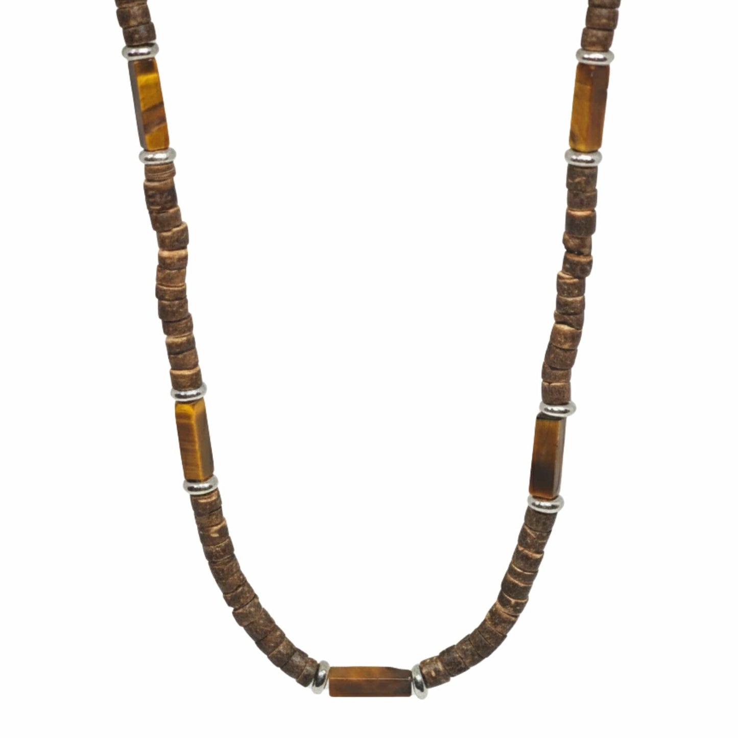 WILDWOOD TRIBAL - Tiger Eye chatoyance 6 mm Beaded Necklace for Men and Boys (21 inches with adjustable silver cable chain) - THE MEN THING