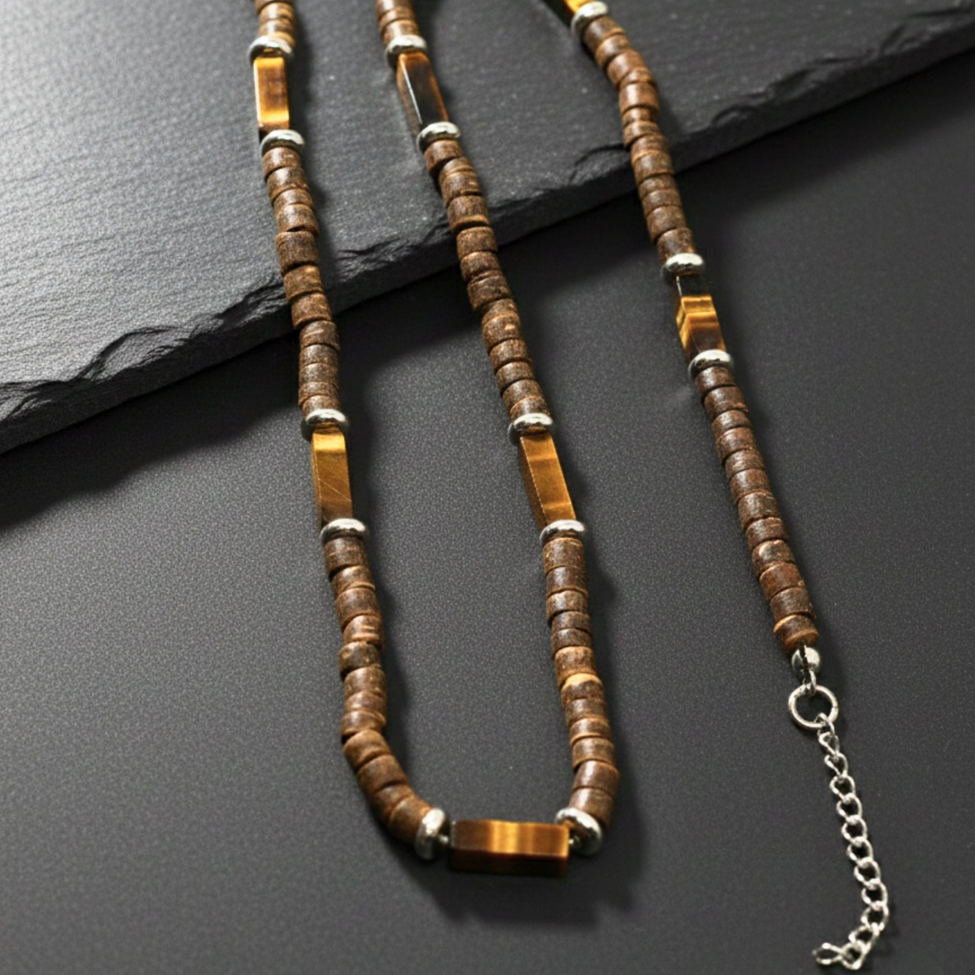 WILDWOOD TRIBAL - Tiger Eye chatoyance 6 mm Beaded Necklace for Men and Boys (21 inches with adjustable silver cable chain) - THE MEN THING