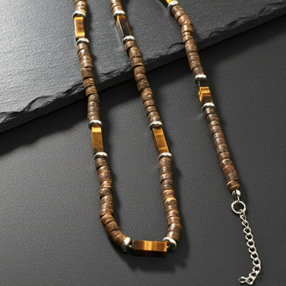 WILDWOOD TRIBAL - Tiger Eye chatoyance 6 mm Beaded Necklace for Men and Boys (21 inches with adjustable silver cable chain) - THE MEN THING