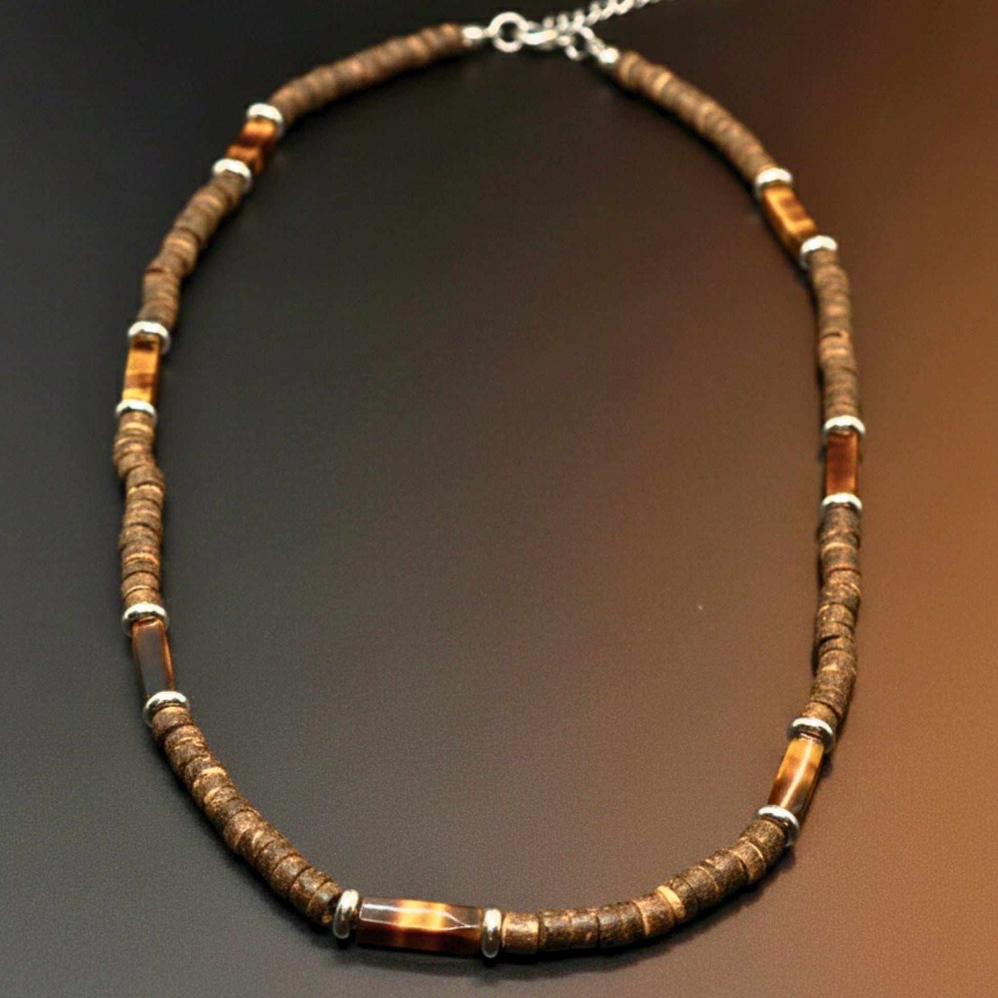 WILDWOOD TRIBAL - Tiger Eye chatoyance 6 mm Beaded Necklace for Men and Boys (21 inches with adjustable silver cable chain) - THE MEN THING