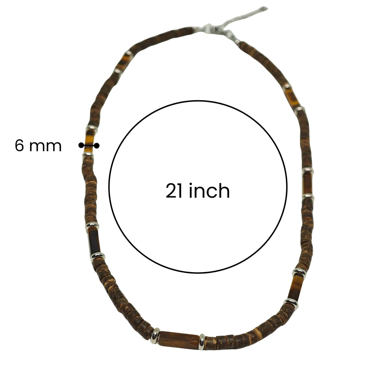 WILDWOOD TRIBAL - Tiger Eye chatoyance 6 mm Beaded Necklace for Men and Boys (21 inches with adjustable silver cable chain) - THE MEN THING