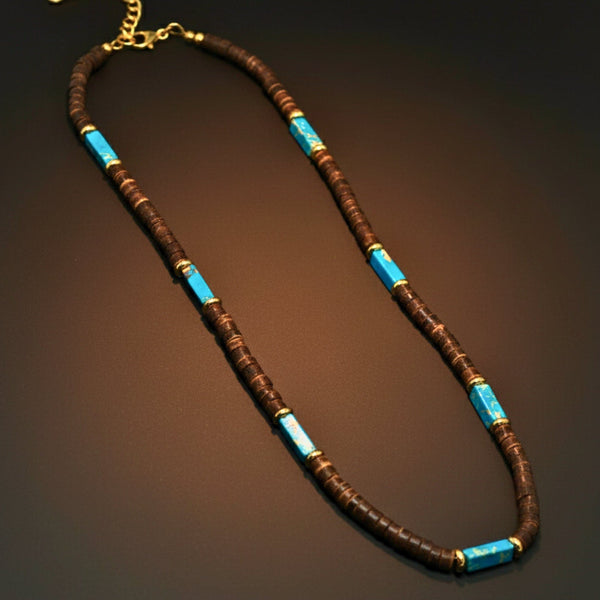WILDWOOD TRIBAL - Turquoise Blue 6 mm Beaded Necklace for Men and Boys (22 inches with adjustable golden cable chain)