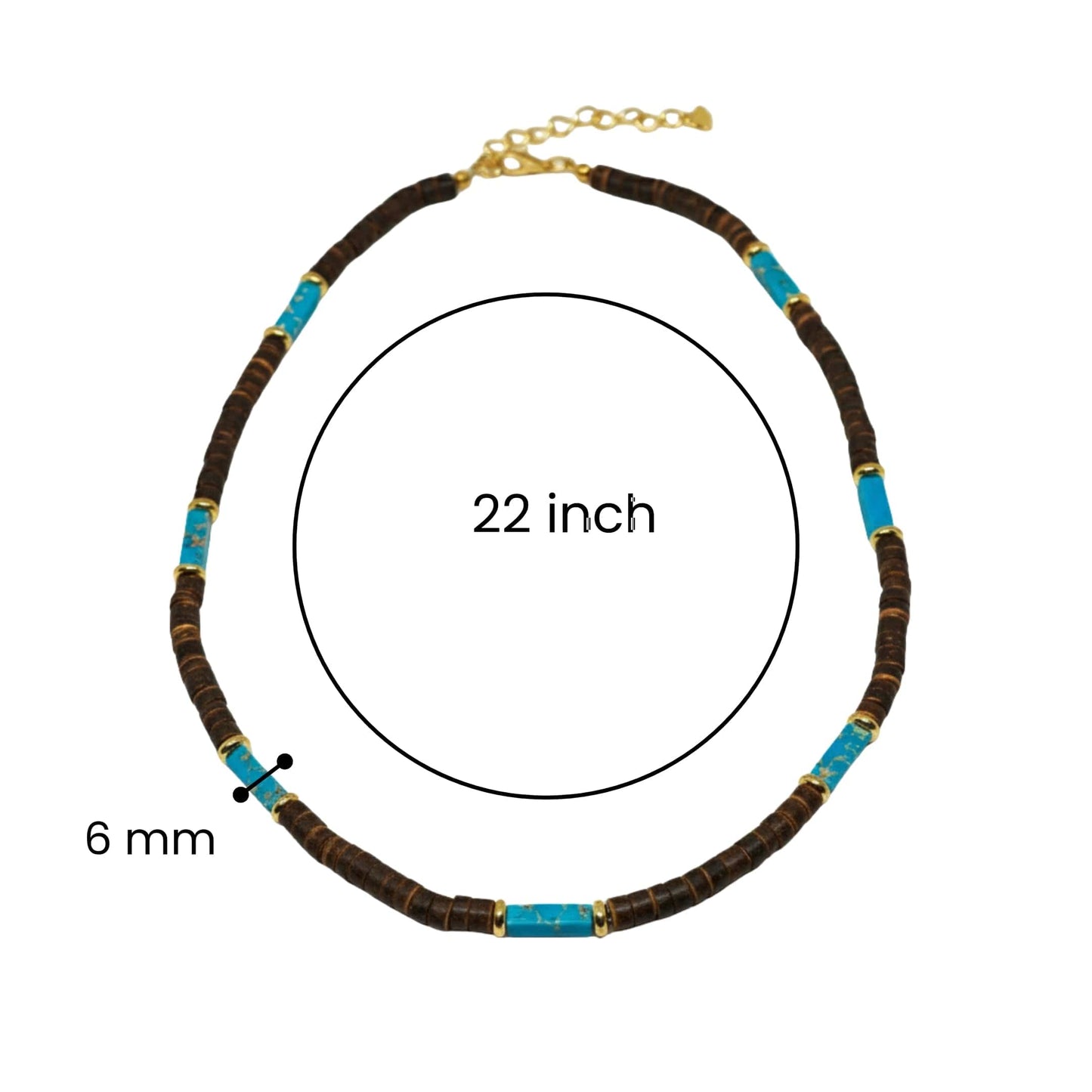 WILDWOOD TRIBAL - Turquoise Blue 6 mm Beaded Necklace for Men and Boys (22 inches with adjustable golden cable chain) - THE MEN THING