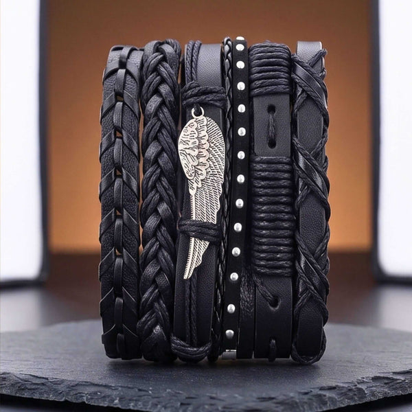 WINGCORE - 6 Pcs Genuine Leather Adjustable Bracelet for Men & Boys