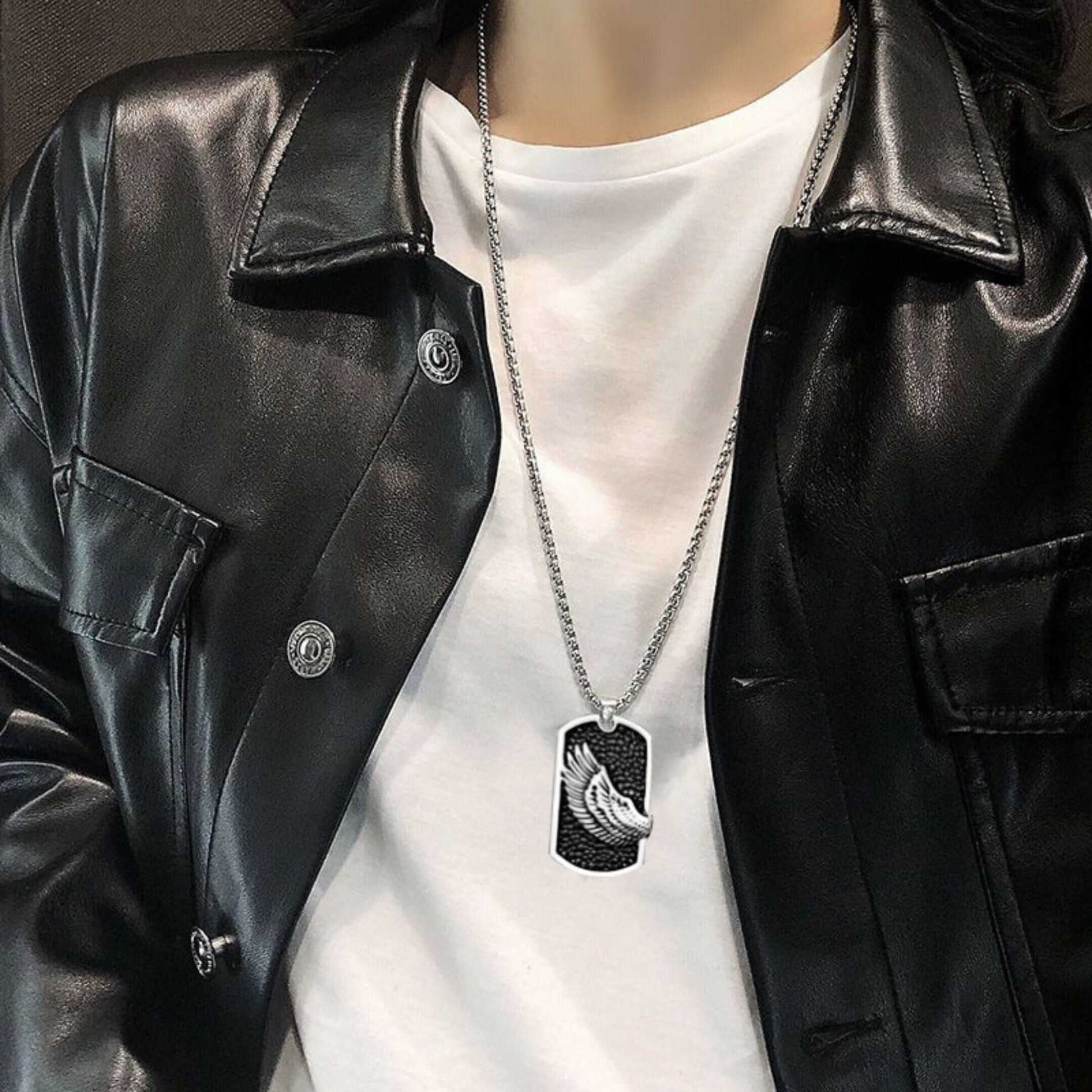 WINGED DOG TAG - 30mm Pure Titanium Steel Pendant with 27inch Round Box 4mm Chain for Men & Boys — SS Pendant/ Necklace for Men | THE MEN THING
