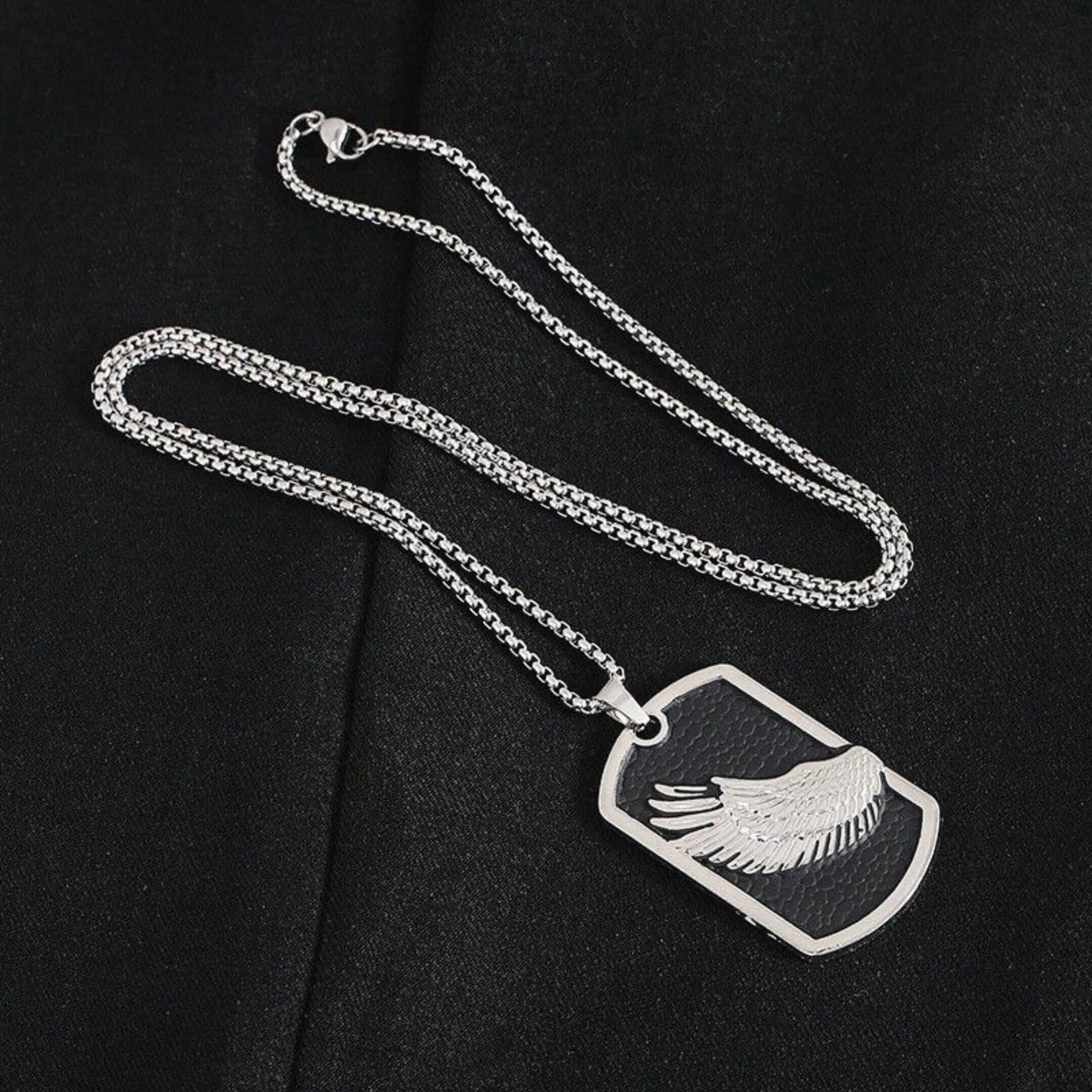 WINGED DOG TAG - 30mm Pure Titanium Steel Pendant with 27inch Round Box 4mm Chain for Men & Boys — SS Pendant/ Necklace for Men | THE MEN THING