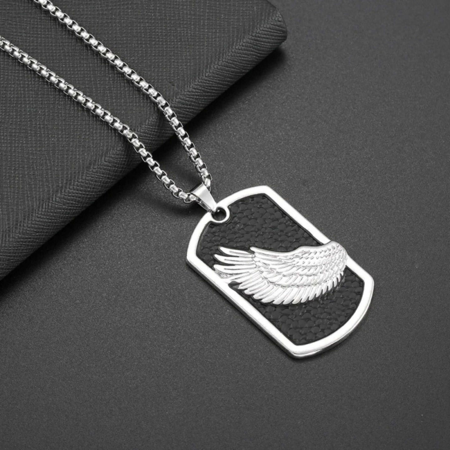 WINGED DOG TAG - 30mm Pure Titanium Steel Pendant with 27inch Round Box 4mm Chain for Men & Boys — SS Pendant/ Necklace for Men | THE MEN THING