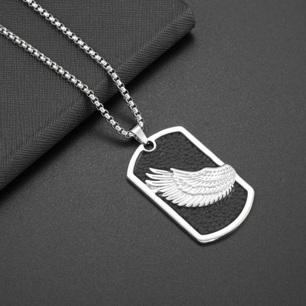 WINGED DOG TAG - 30mm Pure Titanium Steel Pendant with 27inch Round Box 4mm Chain for Men & Boys