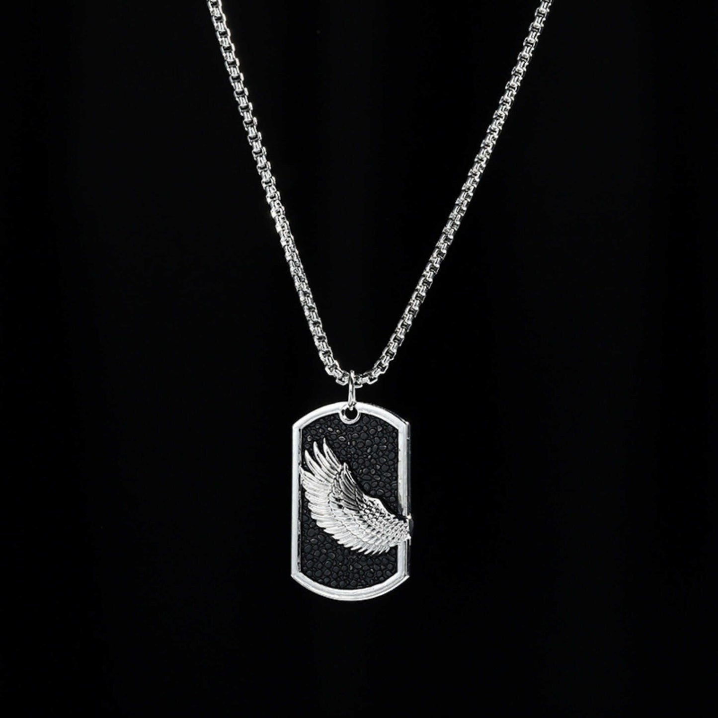 WINGED DOG TAG - 30mm Pure Titanium Steel Pendant with 27inch Round Box 4mm Chain for Men & Boys — SS Pendant/ Necklace for Men | THE MEN THING