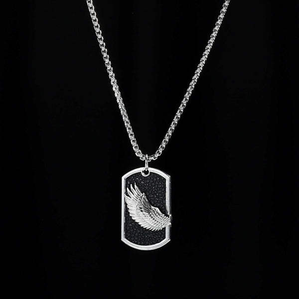 WINGED DOG TAG - 30mm Pure Titanium Steel Pendant with 27inch Round Box 4mm Chain for Men & Boys