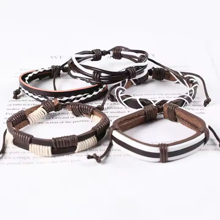 WOLFBANE STRAPS -  5 Pcs Genuine Braided Leather Bracelet Set for Men & Boys (8 inch) - THE MEN THING