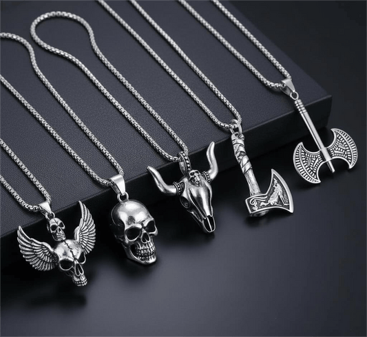 Warrior's Forge 5-Piece Pendant Set – Featuring Big Skull, Angle Skull, Bull Head, Foxy Axe and Twin Sharp Axe Necklaces With 24 Inch Stainless Steel Chain for Mens and Boys - THE MEN THING