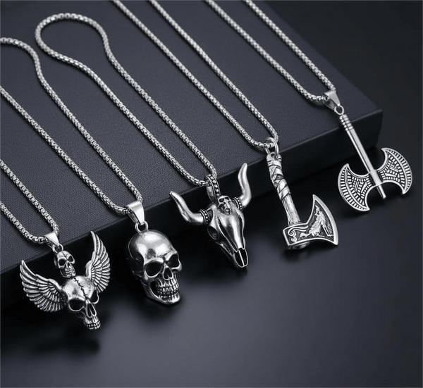 Warrior's Forge 5-Piece Pendant Set – Featuring Big Skull, Angle Skull, Bull Head, Foxy Axe and Twin Sharp Axe Necklaces With 24 Inch Stainless Steel Chain for Mens and Boys