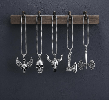 Warrior's Forge 5-Piece Pendant Set – Featuring Big Skull, Angle Skull, Bull Head, Foxy Axe and Twin Sharp Axe Necklaces With 24 Inch Stainless Steel Chain for Mens and Boys - THE MEN THING