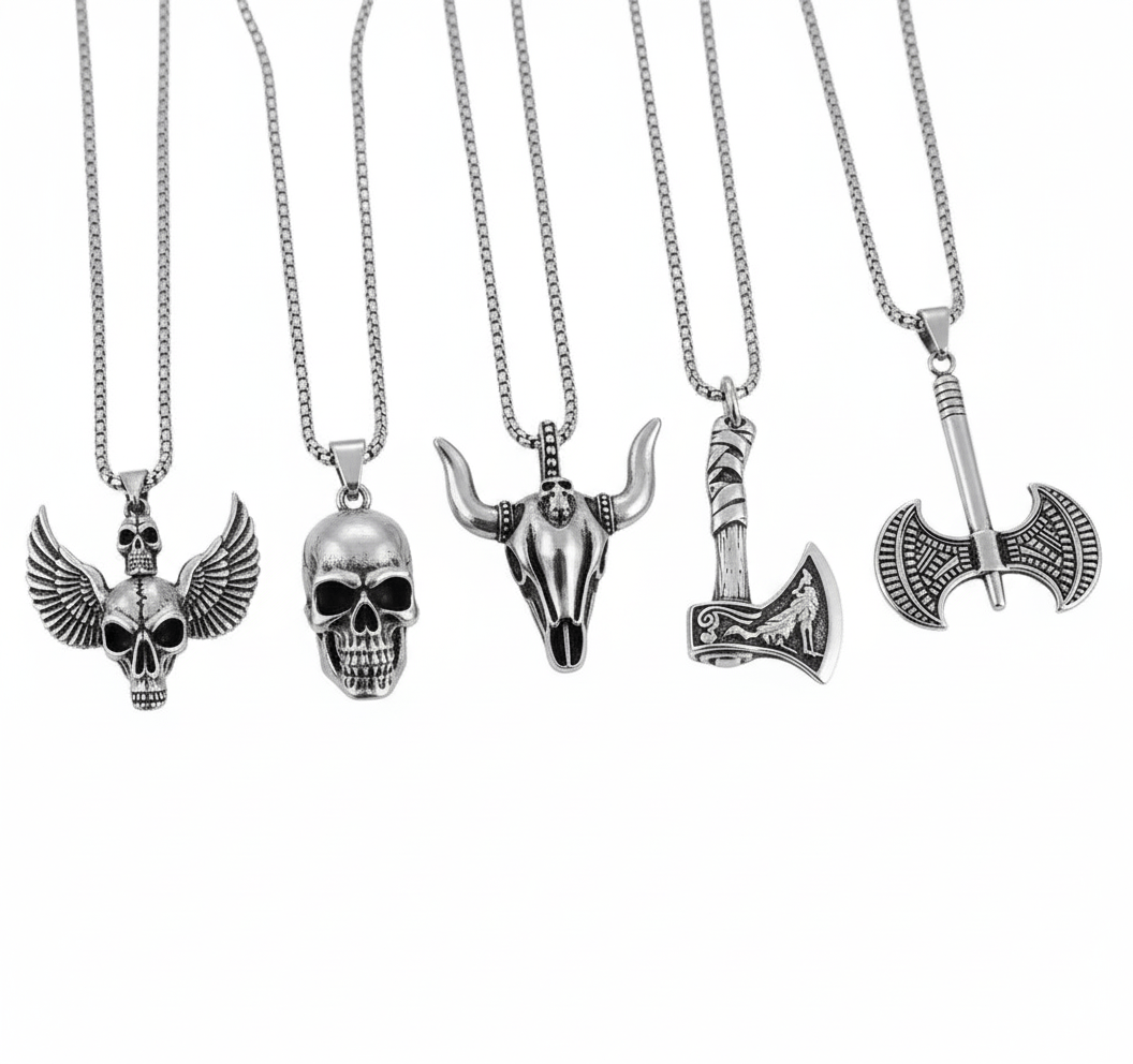 Warrior's Forge 5-Piece Pendant Set – Featuring Big Skull, Angle Skull, Bull Head, Foxy Axe and Twin Sharp Axe Necklaces With 24 Inch Stainless Steel Chain for Mens and Boys - THE MEN THING