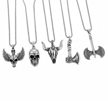 Warrior's Forge 5-Piece Pendant Set – Featuring Big Skull, Angle Skull, Bull Head, Foxy Axe and Twin Sharp Axe Necklaces With 24 Inch Stainless Steel Chain for Mens and Boys - THE MEN THING
