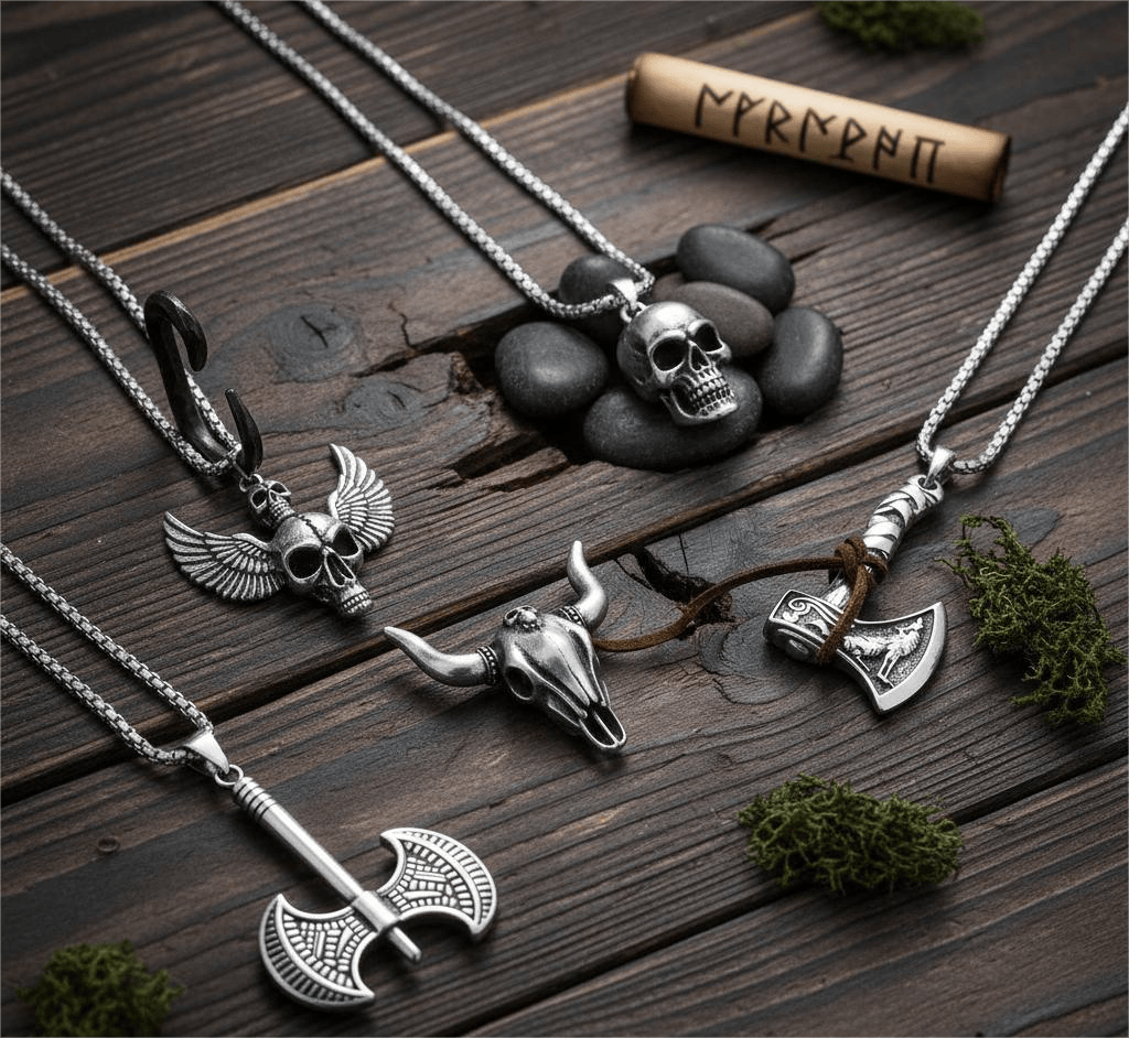 Warrior's Forge 5-Piece Pendant Set – Featuring Big Skull, Angle Skull, Bull Head, Foxy Axe and Twin Sharp Axe Necklaces With 24 Inch Stainless Steel Chain for Mens and Boys - THE MEN THING