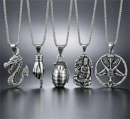 Wild Card 5-Piece Pendant Pack – Dragon Fire, Stellar Goat, Grenade, Gesture, & Roaring Peace Necklaces With 24 Inch Stainless Steel Chain for Men & Boys - THE MEN THING