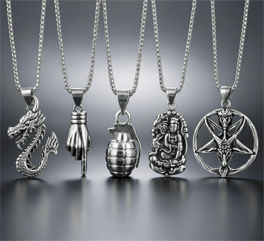 Wild Card 5-Piece Pendant Pack – Dragon Fire, Stellar Goat, Grenade, Gesture, & Roaring Peace Necklaces With 24 Inch Stainless Steel Chain for Men & Boys - THE MEN THING