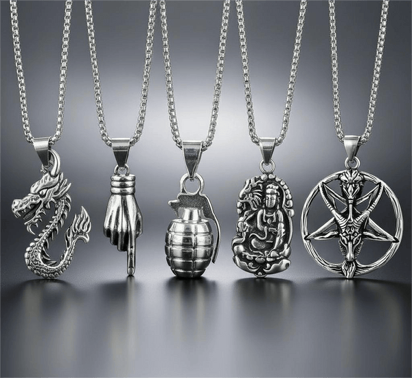 Wild Card 5-Piece Pendant Pack – Dragon Fire, Stellar Goat, Grenade, Gesture, & Roaring Peace Necklaces With 24 Inch Stainless Steel Chain for Men & Boys
