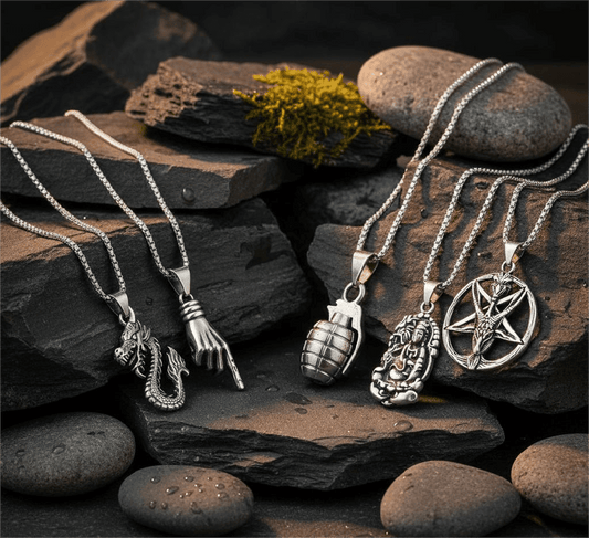 Wild Card 5-Piece Pendant Pack – Dragon Fire, Stellar Goat, Grenade, Gesture, & Roaring Peace Necklaces With 24 Inch Stainless Steel Chain for Men & Boys - THE MEN THING