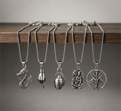 Wild Card 5-Piece Pendant Pack – Dragon Fire, Stellar Goat, Grenade, Gesture, & Roaring Peace Necklaces With 24 Inch Stainless Steel Chain for Men & Boys - THE MEN THING