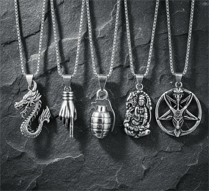 Wild Card 5-Piece Pendant Pack – Dragon Fire, Stellar Goat, Grenade, Gesture, & Roaring Peace Necklaces With 24 Inch Stainless Steel Chain for Men & Boys - THE MEN THING