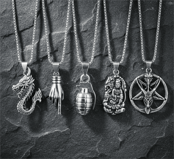 Wild Card 5-Piece Pendant Pack – Dragon Fire, Stellar Goat, Grenade, Gesture, & Roaring Peace Necklaces With 24 Inch Stainless Steel Chain for Men & Boys