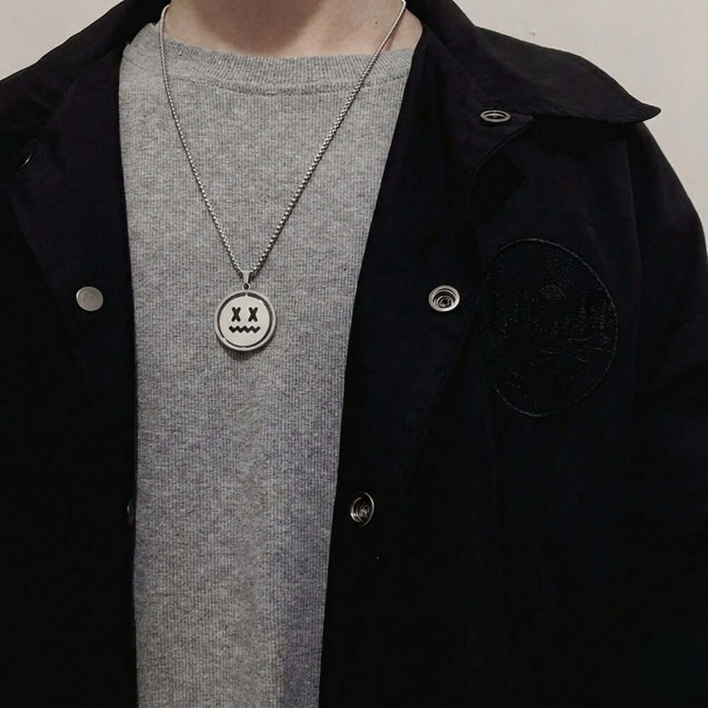 X-FACE AND SMILEY MOOD - 26mm Pure Titanium Steel Pendant with 28inch Round Box 4mm Chain for Men & Boys — SS Pendant/ Necklace for Men | THE MEN THING