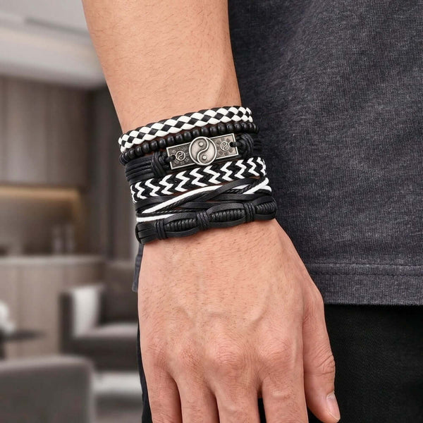YIN FORCE - 6 Pcs Genuine Leather Adjustable Bracelet for Men & Boys