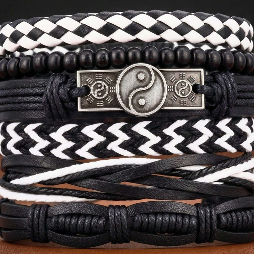 YIN FORCE - 6 Pcs Genuine Leather Adjustable Bracelet for Men & Boys — Leather Bracelet for Men | THE MEN THING
