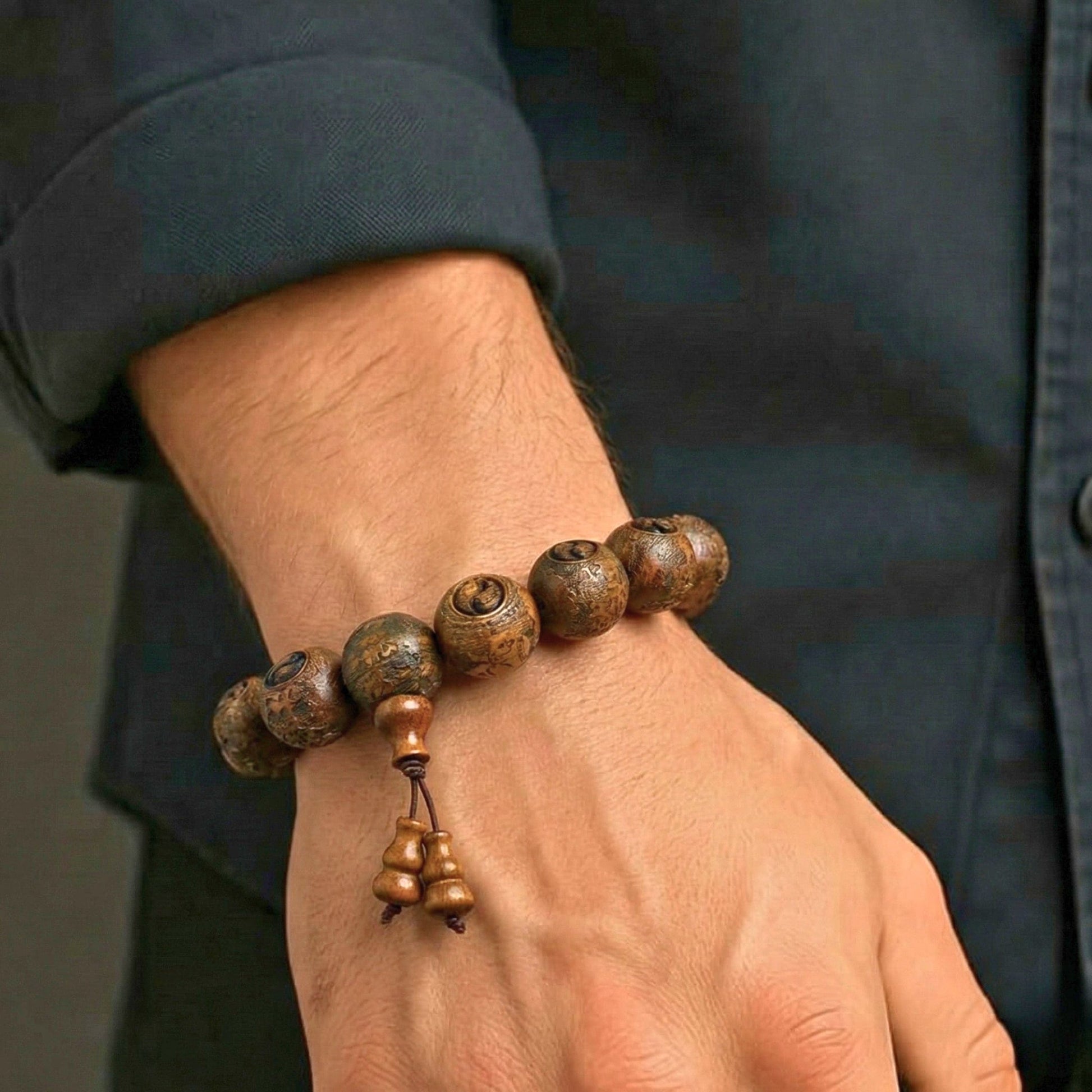 YINYANG SACRED - 21mm Wooden Beads Bracelet with Natural Stone - Adjustable Bracelet - THE MEN THING