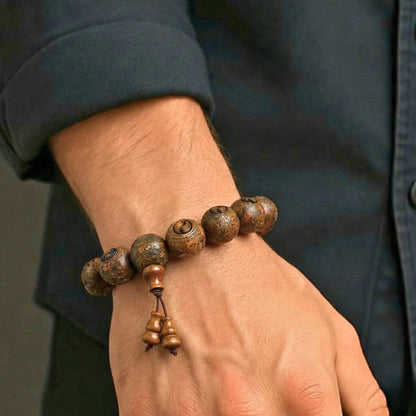 YINYANG SACRED - 21mm Wooden Beads Bracelet with Natural Stone - Adjustable Bracelet - THE MEN THING