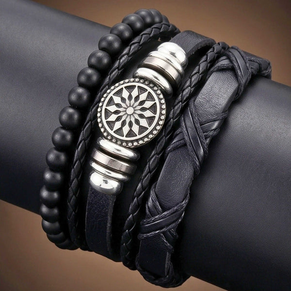 ZENITH EDGE - 3 Pcs Genuine Braided Leather Adjustable Bracelets for Men & Boys