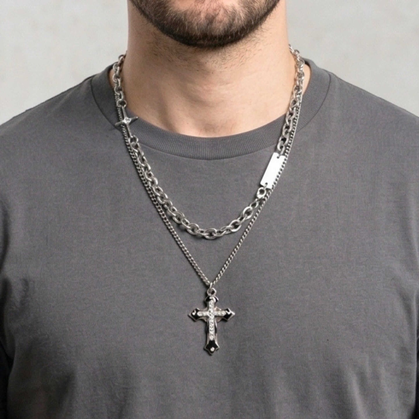 ZENTHOR LAYERED CROSS - 26mm Titanium Steel Pendant with 19inch Cube 6mm Chain for Men & Boys - THE MEN THING