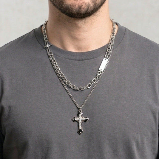 ZENTHOR LAYERED CROSS - 26mm Titanium Steel Pendant with 19inch Cube 6mm Chain for Men & Boys - THE MEN THING