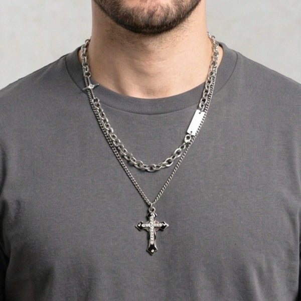 ZENTHOR LAYERED CROSS - 26mm Titanium Steel Pendant with 19inch Cube 6mm Chain for Men & Boys