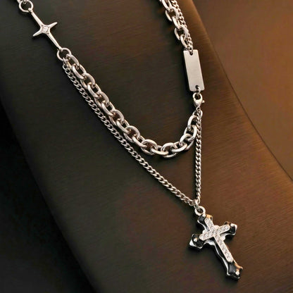 ZENTHOR LAYERED CROSS - 26mm Titanium Steel Pendant with 19inch Cube 6mm Chain for Men & Boys - THE MEN THING