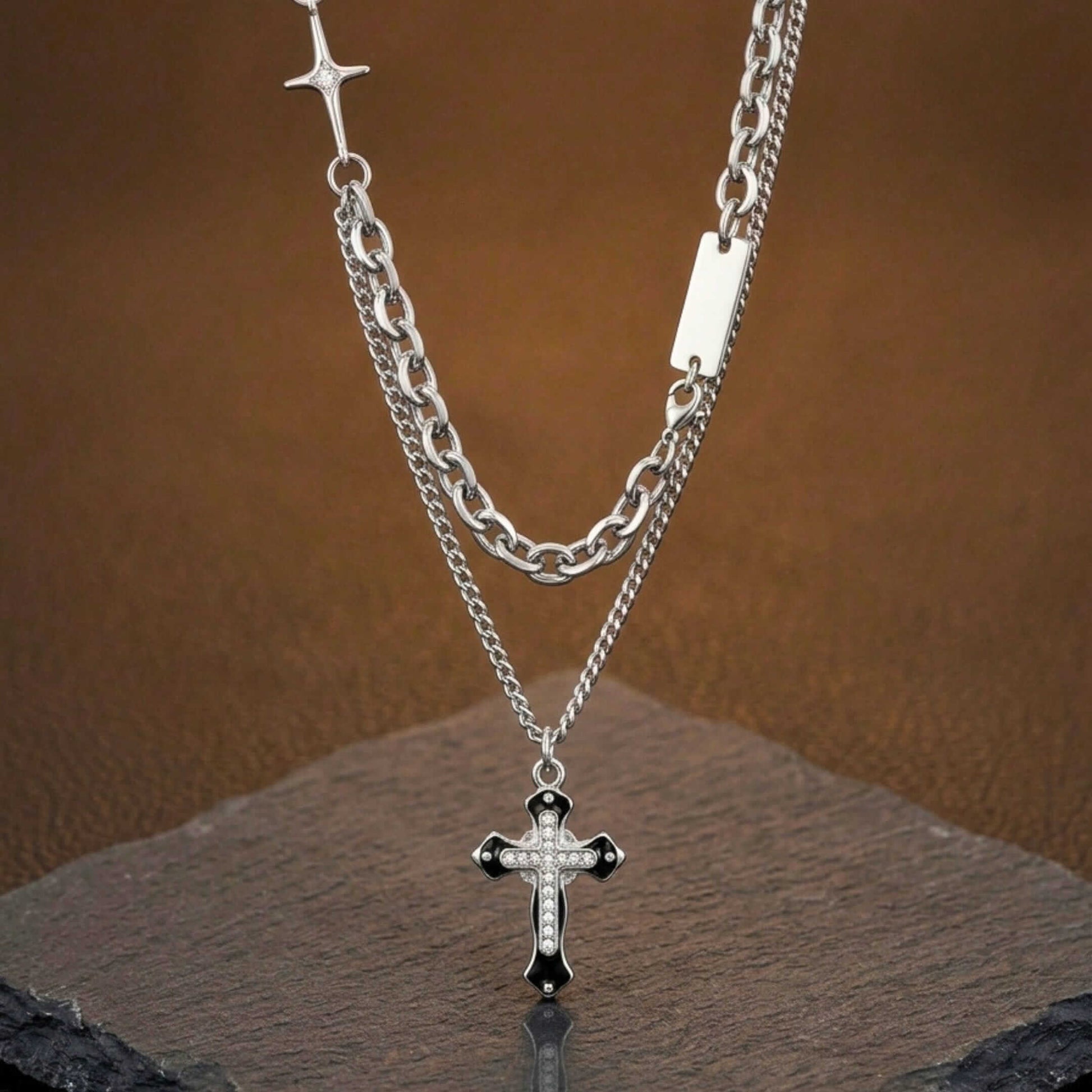 ZENTHOR LAYERED CROSS - 26mm Titanium Steel Pendant with 19inch Cube 6mm Chain for Men & Boys - THE MEN THING