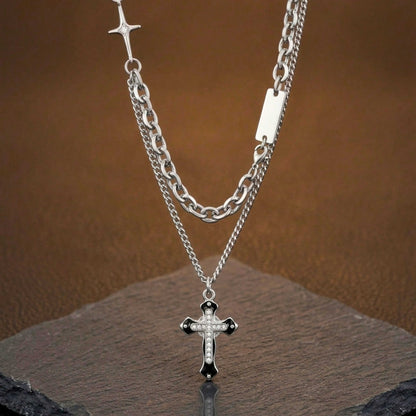 ZENTHOR LAYERED CROSS - 26mm Titanium Steel Pendant with 19inch Cube 6mm Chain for Men & Boys - THE MEN THING