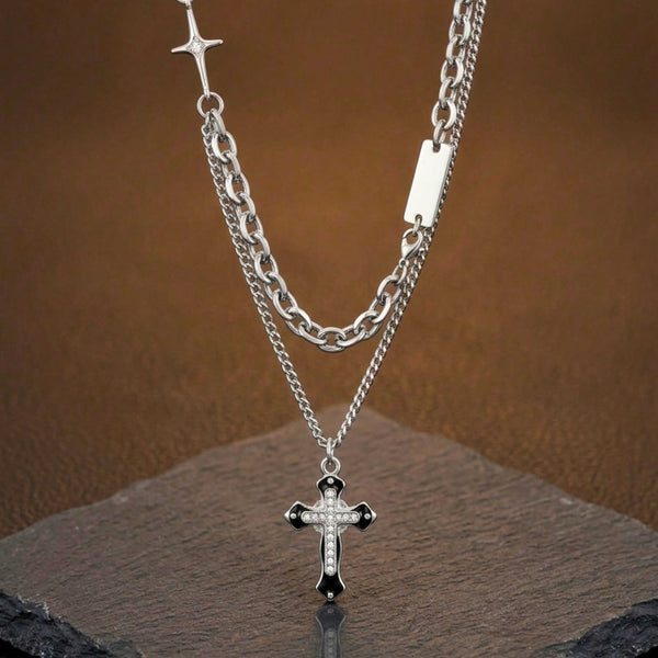 ZENTHOR LAYERED CROSS - 26mm Titanium Steel Pendant with 19inch Cube 6mm Chain for Men & Boys