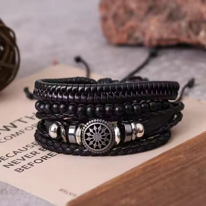 ZEPHYR WEAVE - 4 Pcs Genuine Braided Leather Bracelet Set for Men & Boys (8 inch) - THE MEN THING