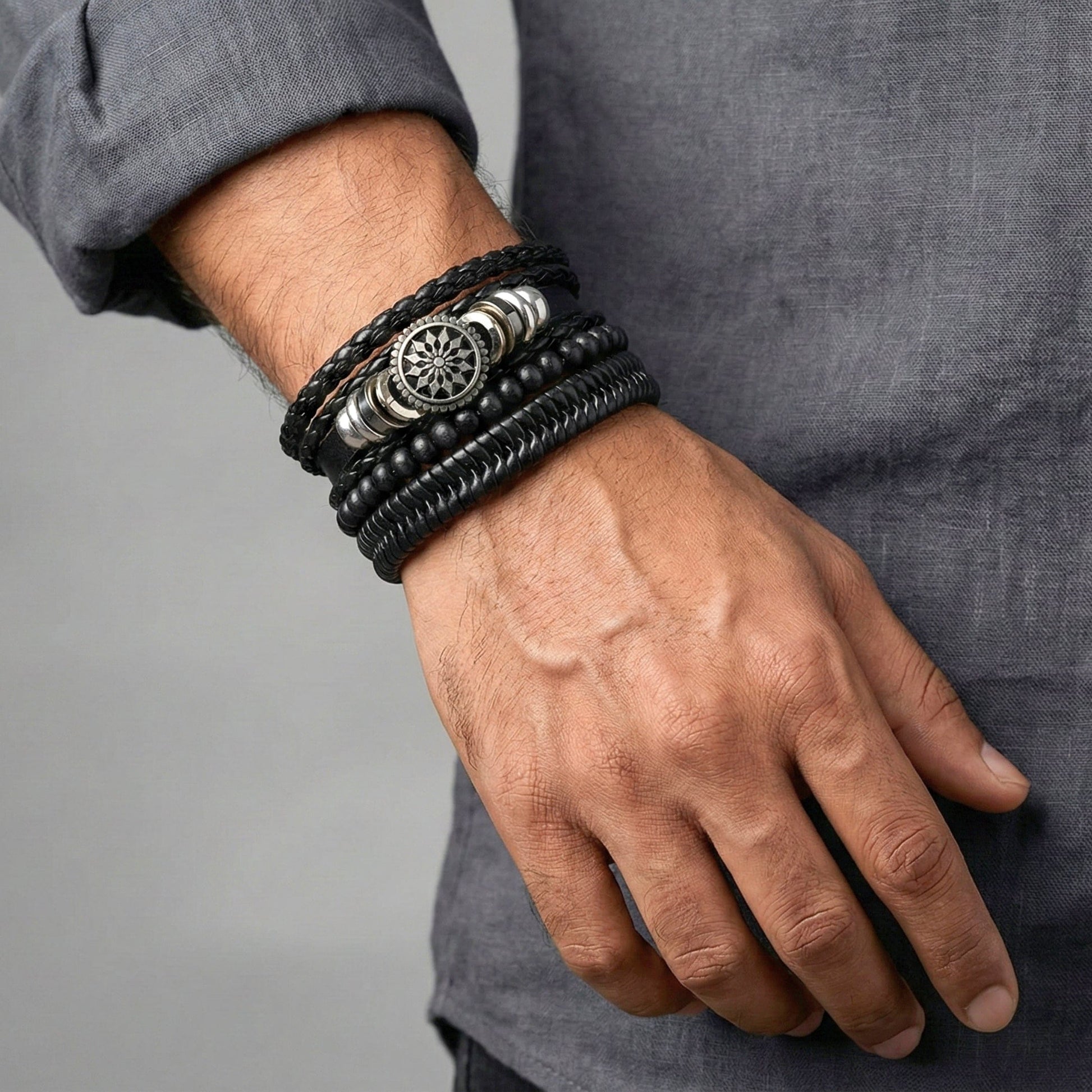 ZEPHYR WEAVE - 4 Pcs Genuine Braided Leather Bracelet Set for Men & Boys (8 inch) - THE MEN THING